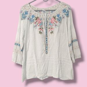 Johnny Was Light Blue Floral Embroidered Cotton Long Sleeve Peasant Blouse